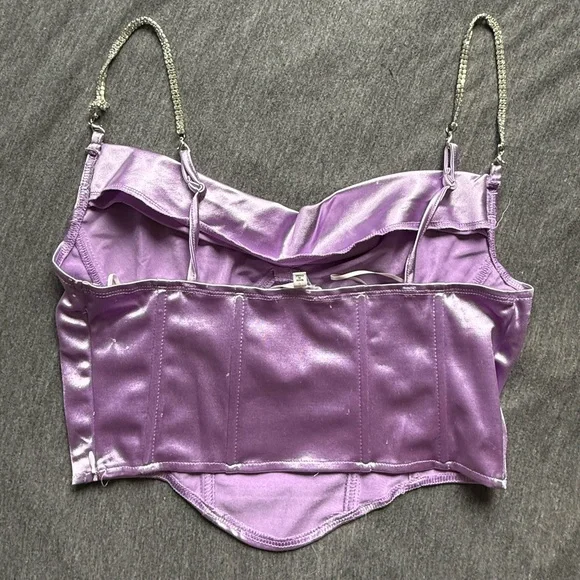 Purple/Lavender Satin Corset Crop Top with Jeweled Chain Straps - Picture 3 of 5